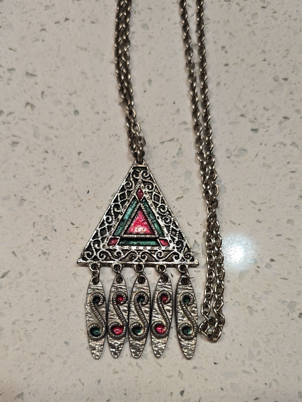 Silver-Tone Triangle Dangle Pendant Necklace with Pink & Teal Accents19 Inc long